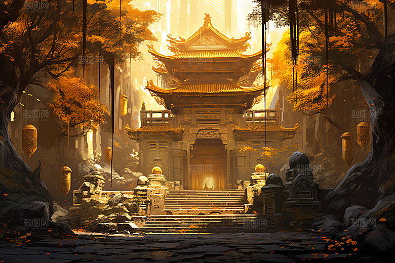 国潮建筑古城中国传统原画