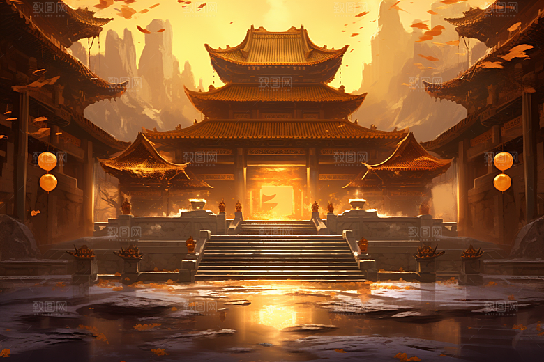 国潮建筑亭台楼阁赛博朋克原画