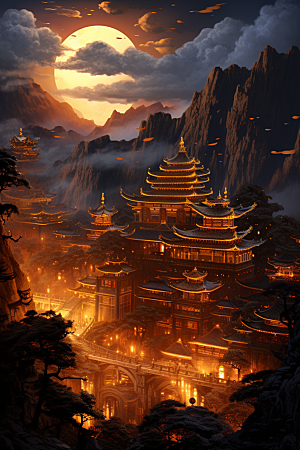 国潮建筑古城中国传统原画