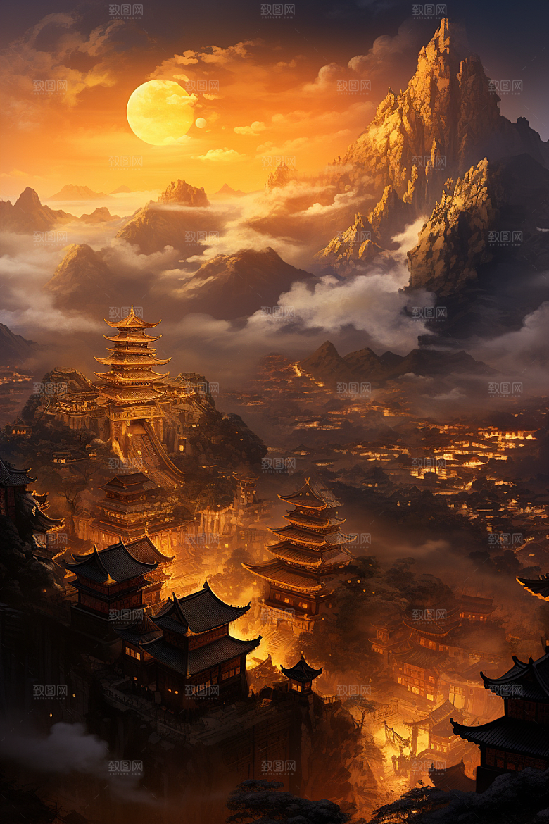 国潮建筑古建筑中国传统原画