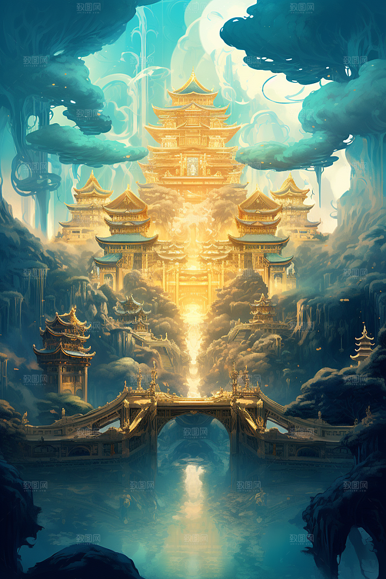 国潮建筑中国传统古风原画