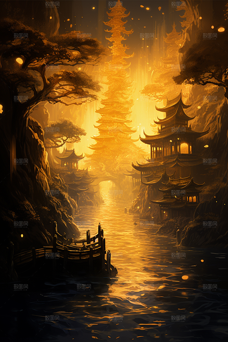 国潮建筑赛博朋克古城原画