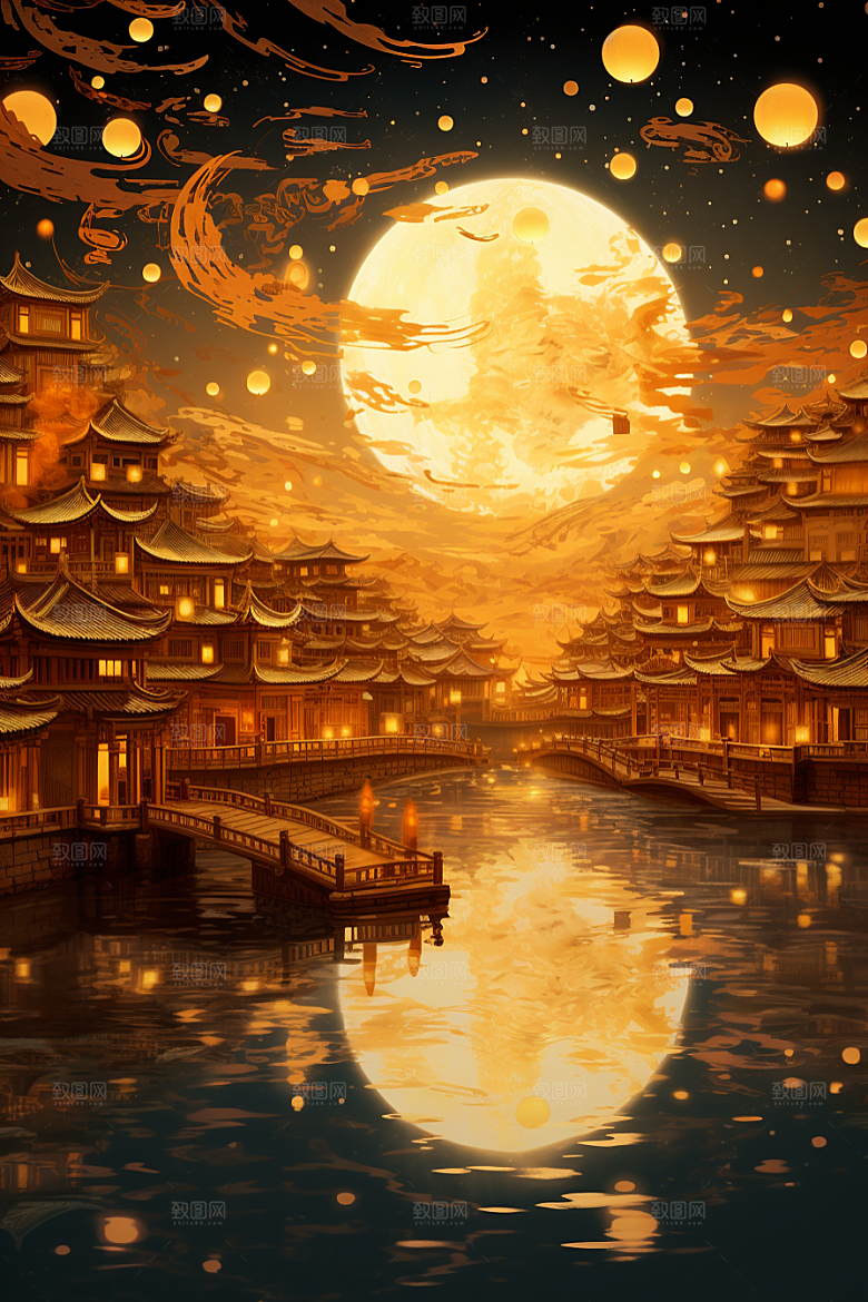国潮建筑中国传统亭台楼阁原画