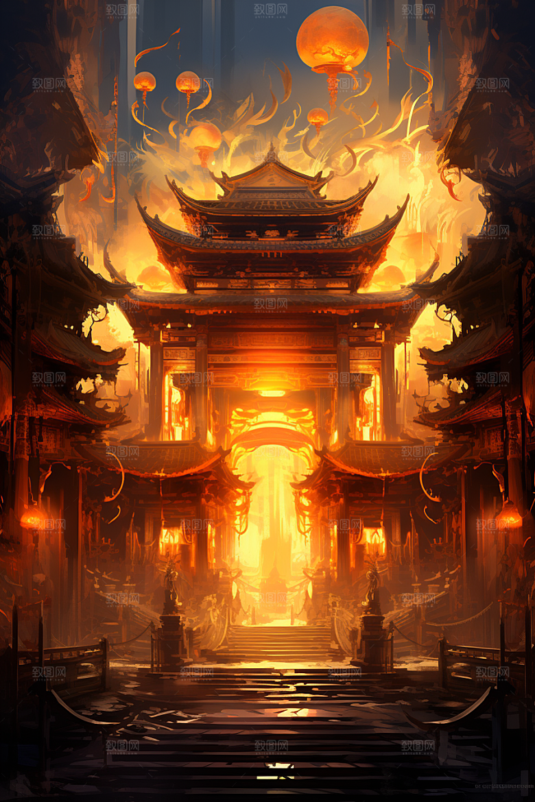 国潮建筑亭台楼阁古风原画