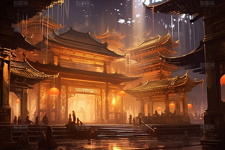 国潮建筑赛博朋克亭台楼阁原画