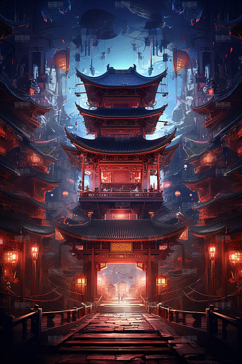 国潮建筑中国传统古建筑原画
