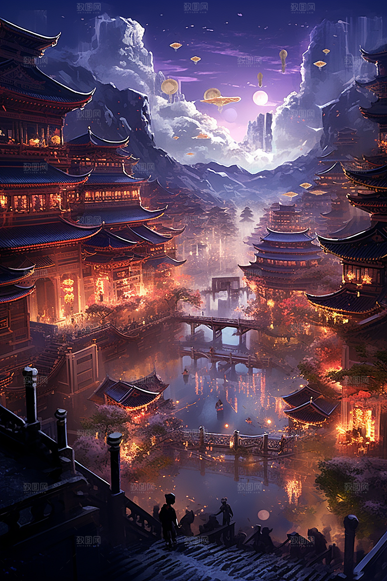 国潮建筑古建筑赛博朋克原画