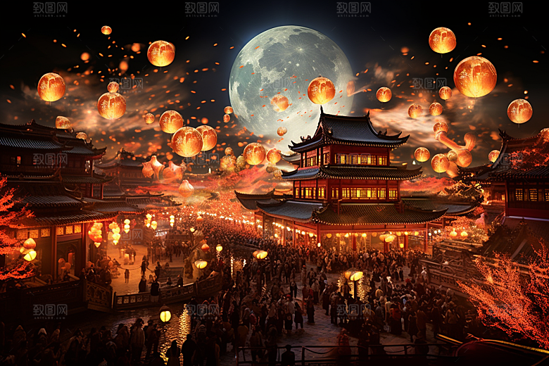 国潮建筑古城亭台楼阁原画