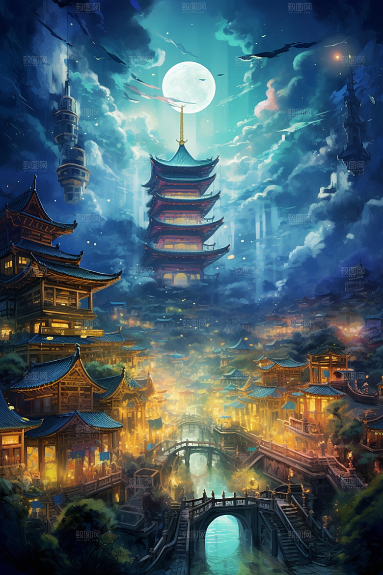 国潮建筑CG古风原画