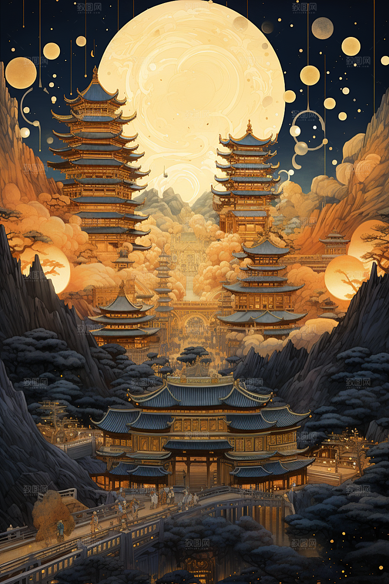 国潮建筑古城古建筑原画
