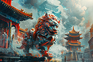赛博中国风神兽幻想中国神话原画