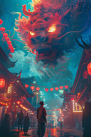赛博中国风神兽中式中国神话原画