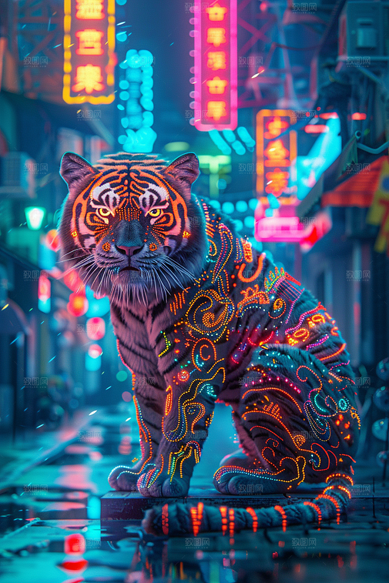 赛博中国风神兽幻想国潮原画