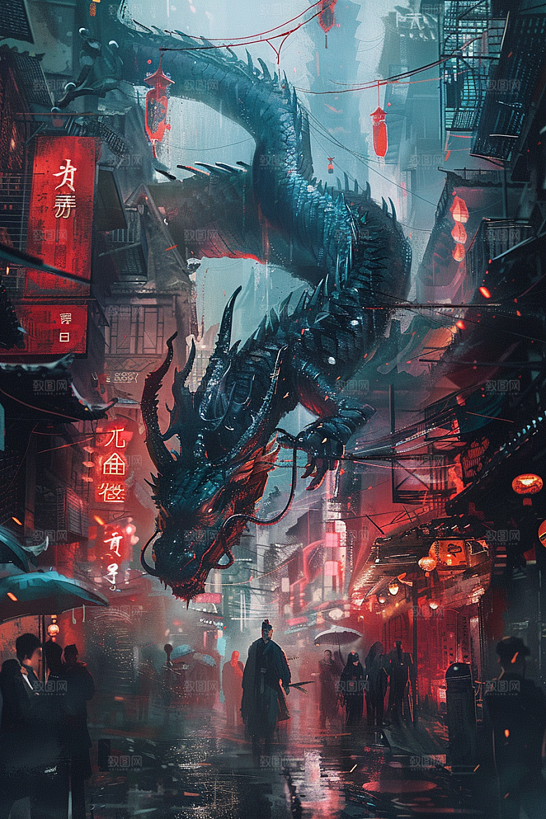 赛博中国风神兽赛博朋克中国神话原画