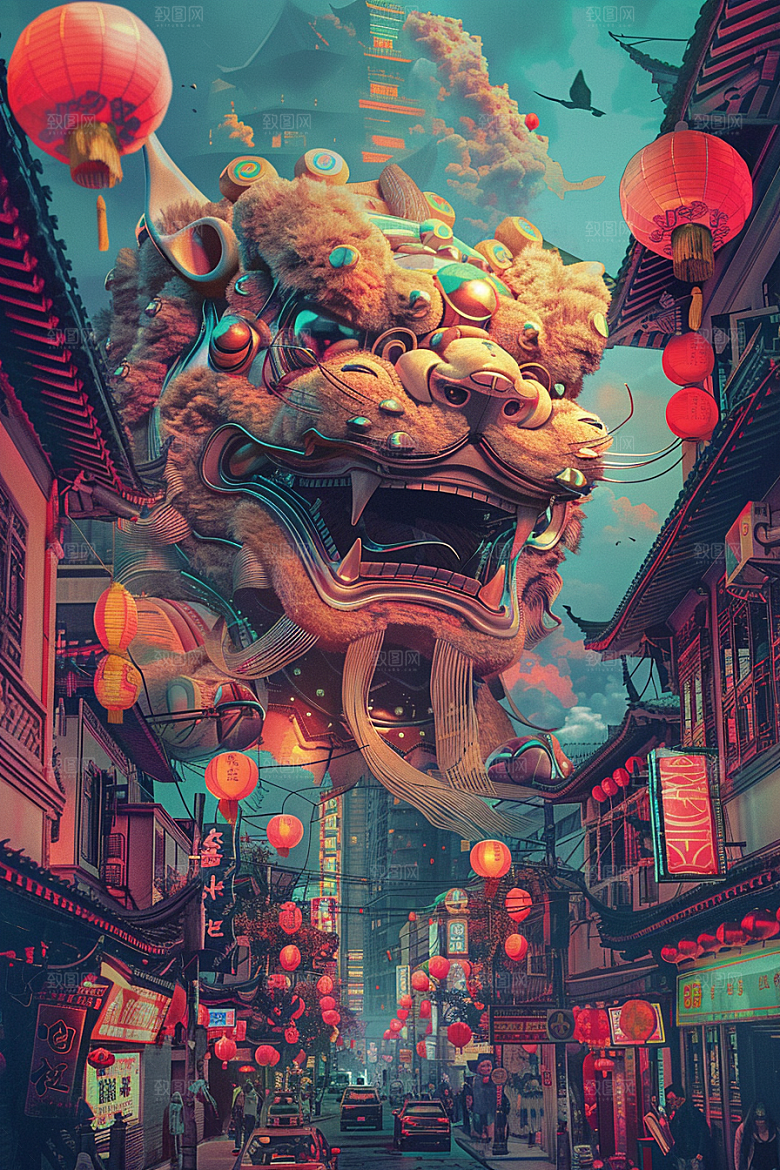赛博中国风神兽中式国潮原画