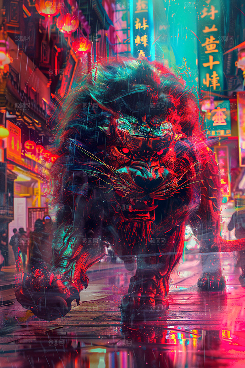 赛博中国风神兽国潮赛博朋克原画