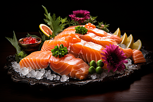 三文鱼鱼生美食摄影图