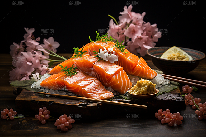 三文鱼生鱼片日料摄影图