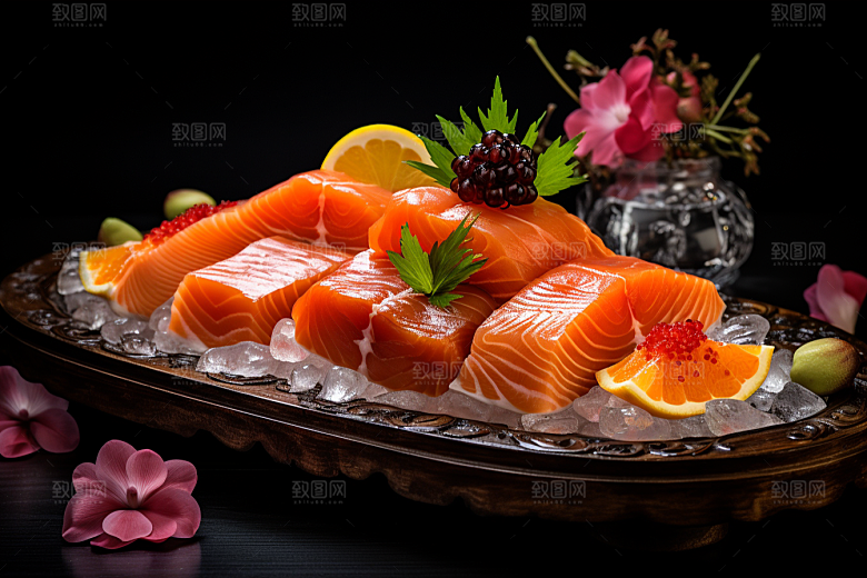三文鱼鱼生海鲜摄影图