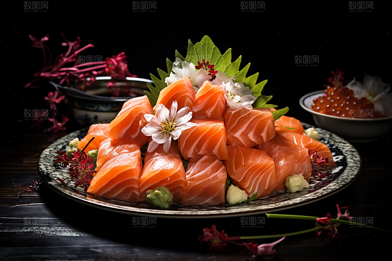 三文鱼生鱼片日料摄影图