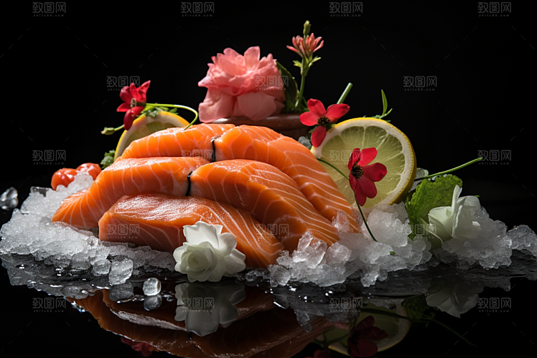 三文鱼生鱼片日料摄影图