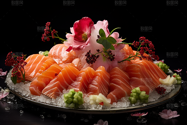 三文鱼生鱼片日料摄影图