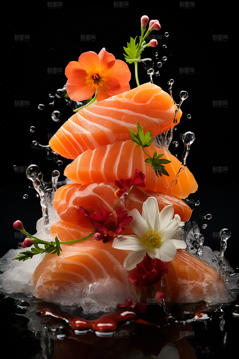三文鱼生鱼片美食摄影图