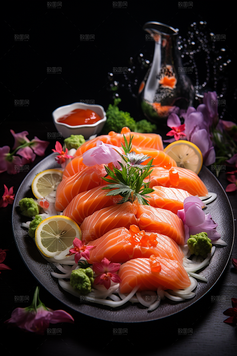三文鱼生鱼片美食摄影图