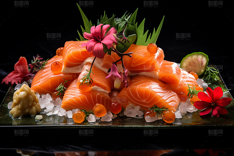 三文鱼生鱼片日料摄影图