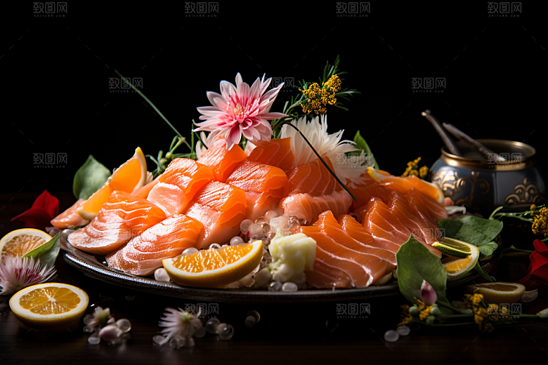 三文鱼生鱼片日料摄影图