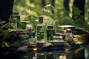 森林化妆品自然玻璃瓶广告摄影