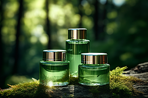 森林化妆品绿色玻璃瓶广告摄影