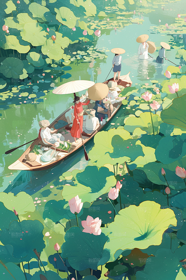 夏日赏荷池塘高清插画