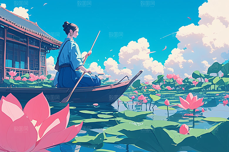 夏日赏荷夏季池塘插画