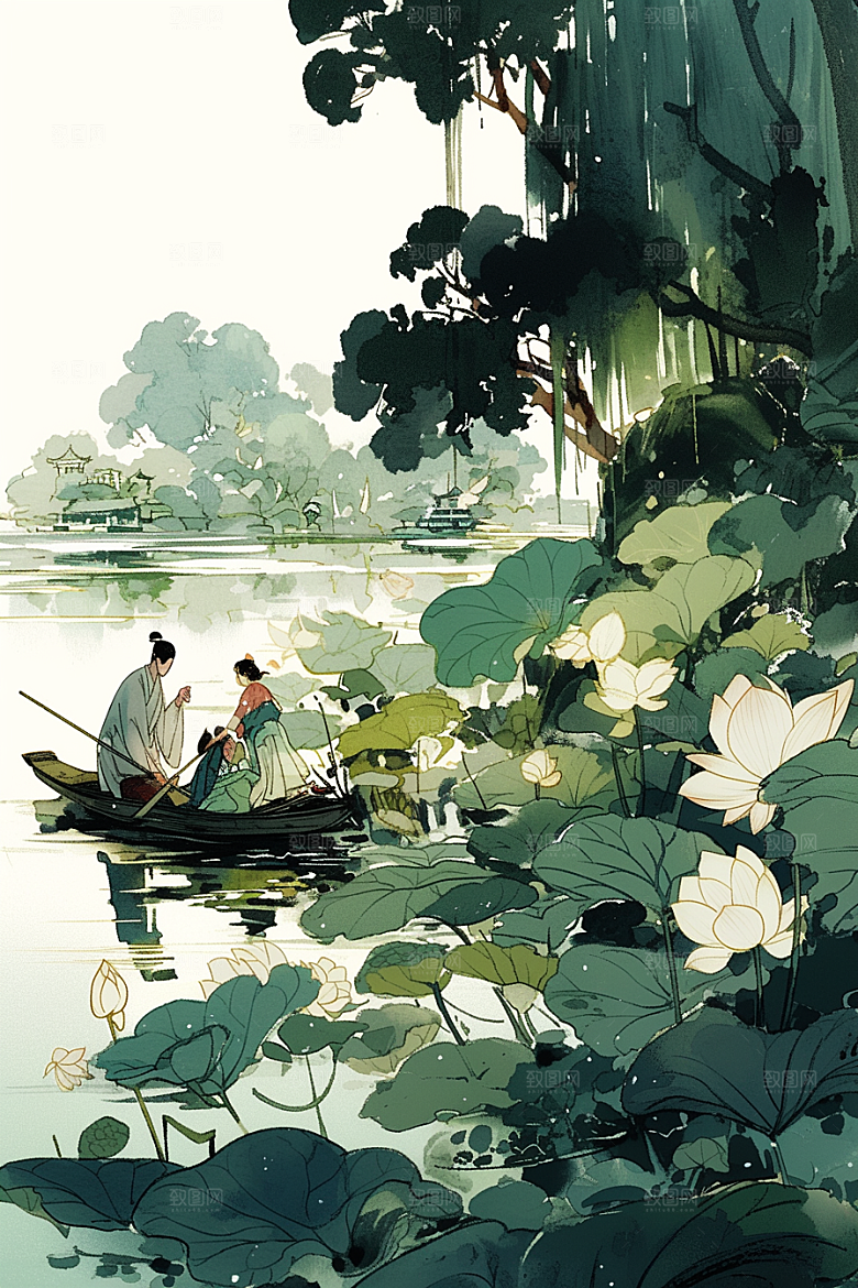 夏日赏荷荷塘美景插画