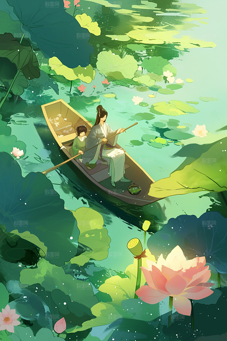 夏日赏荷手绘乘船插画