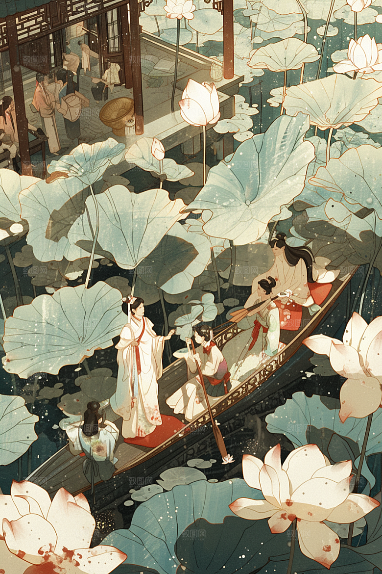 夏日赏荷赏花池塘插画
