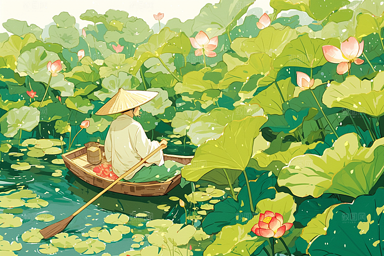 夏日赏荷池塘景色插画