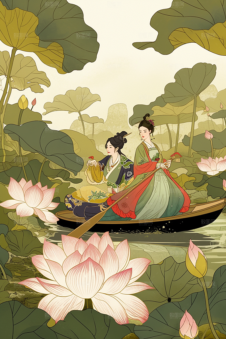 夏日赏荷高清池塘插画