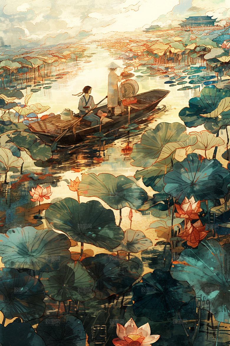 夏日赏荷乘船美景插画