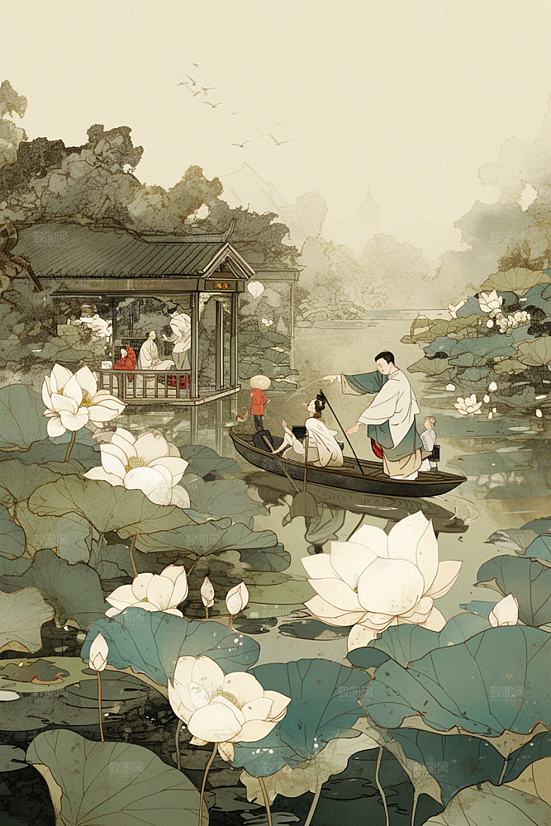 夏日赏荷中国风手绘插画