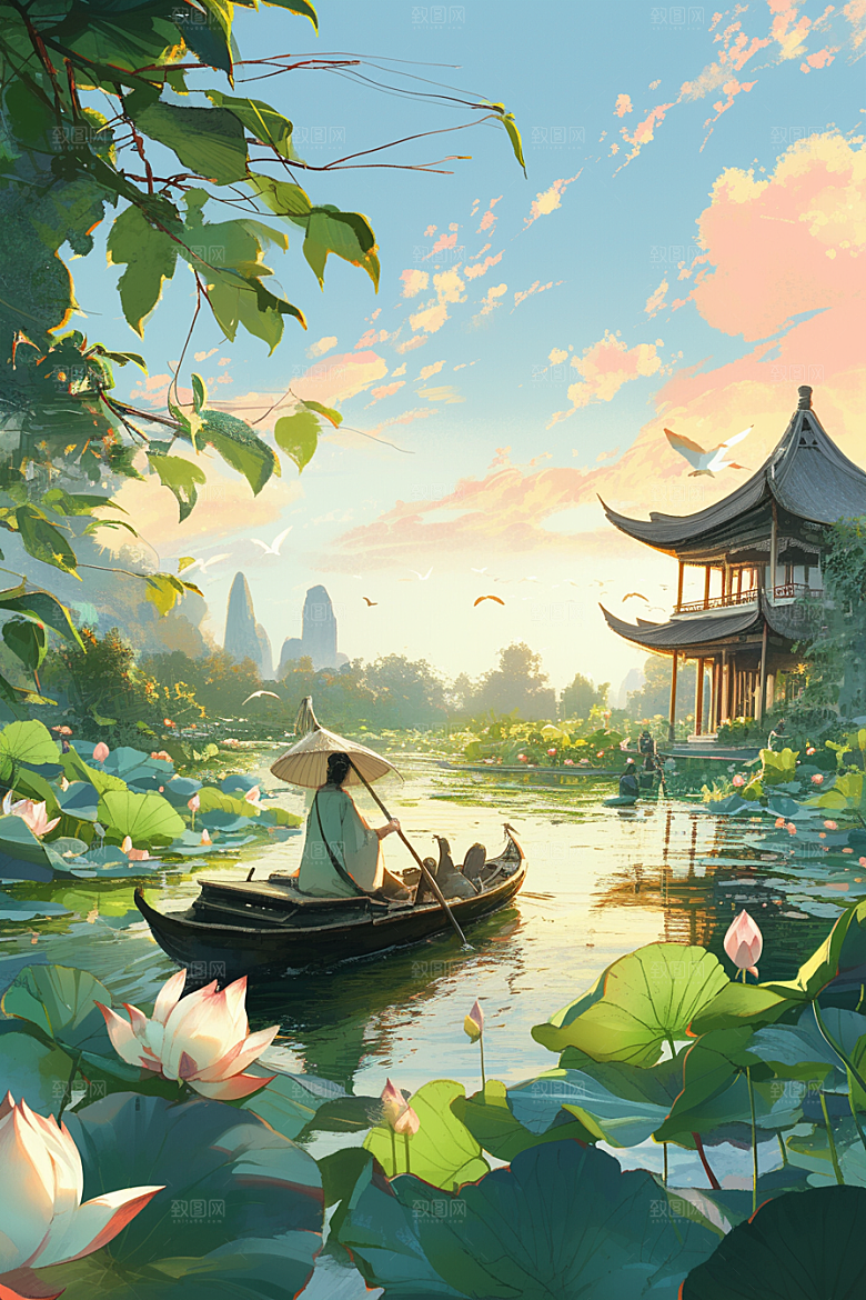 夏日赏荷手绘乘船插画
