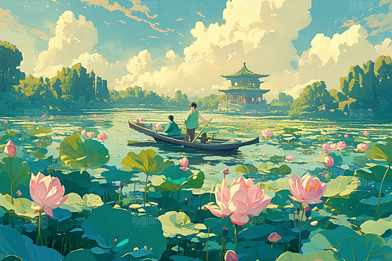 夏日赏荷景色乘船插画