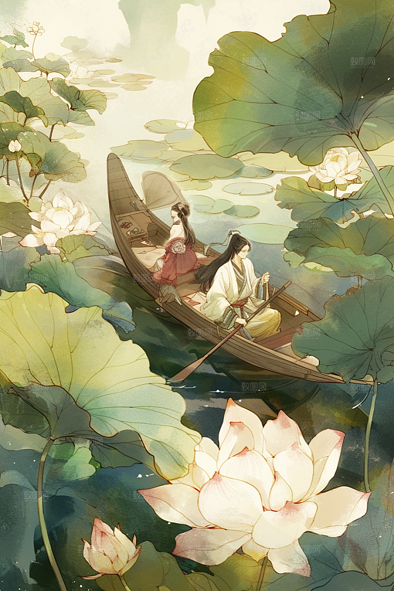夏日赏荷高清乘船插画