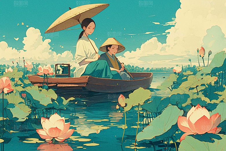 夏日赏荷池塘莲华插画