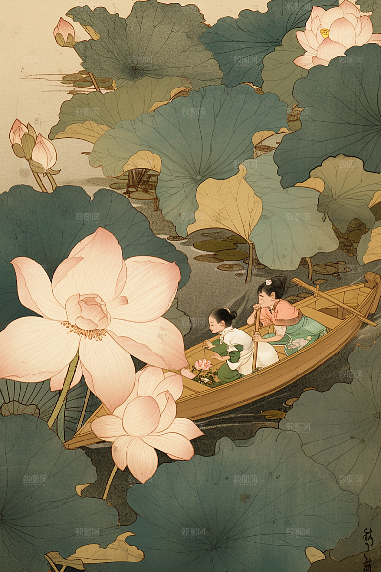 夏日赏荷自然池塘插画
