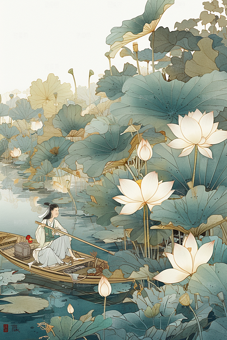 夏日赏荷美景赏花插画