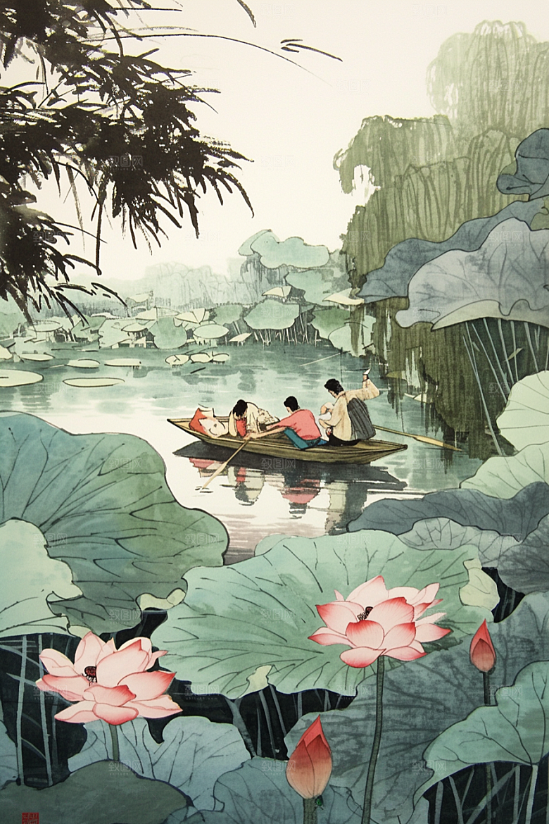 夏日赏荷高清美景插画