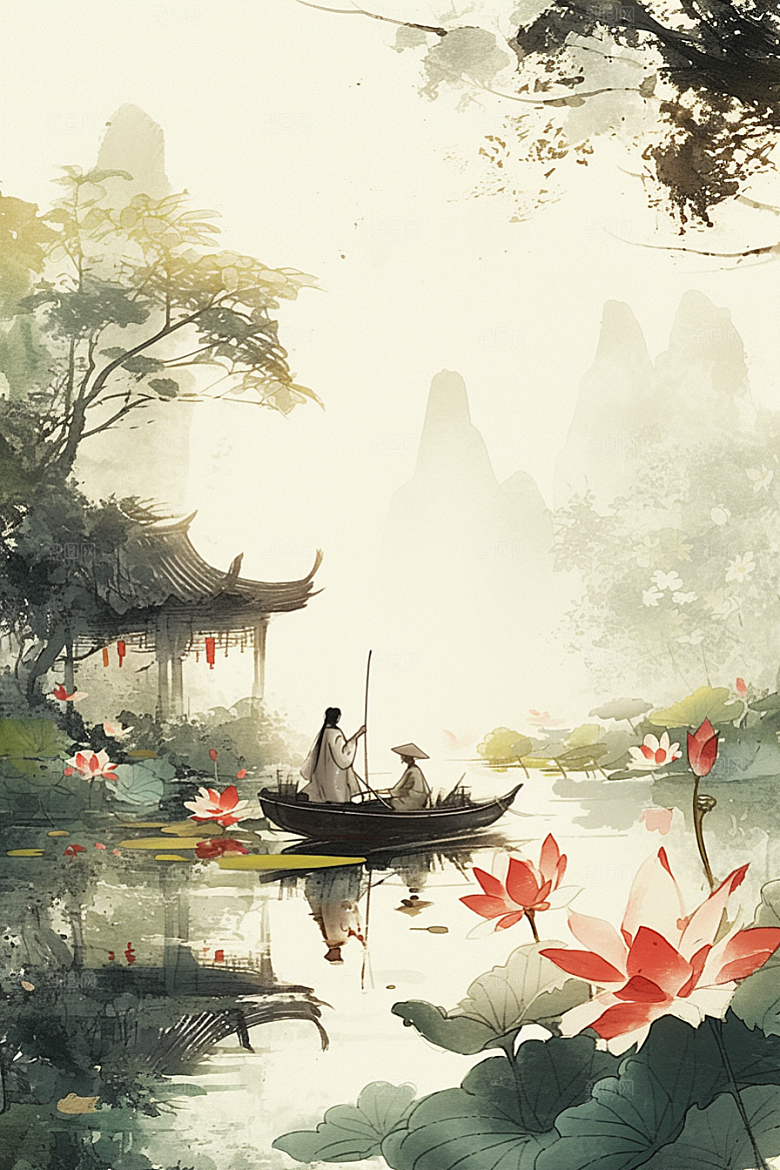 夏日赏荷高清中国风插画