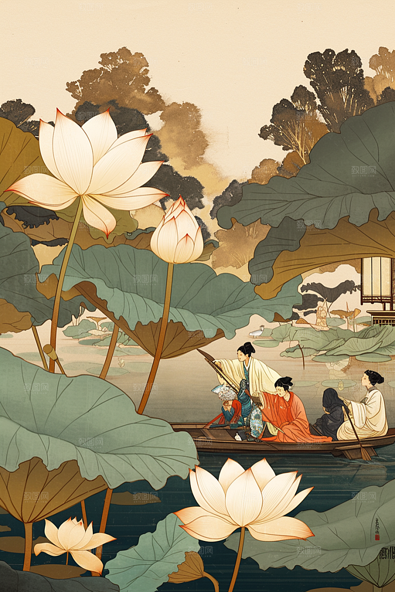 夏日赏荷池塘夏季插画